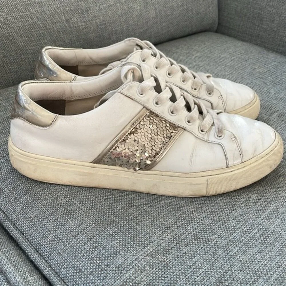 GC Tory Burch White Leather Sequins Detail Low Top Casual Lace Up Sneaker Sz 9